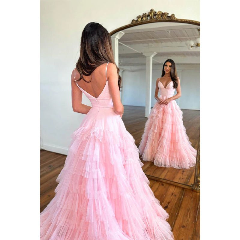 NumberSea - A Line V Neck Tulle Ruffles Pink Homecoming Dress Long Homecoming Court Dress