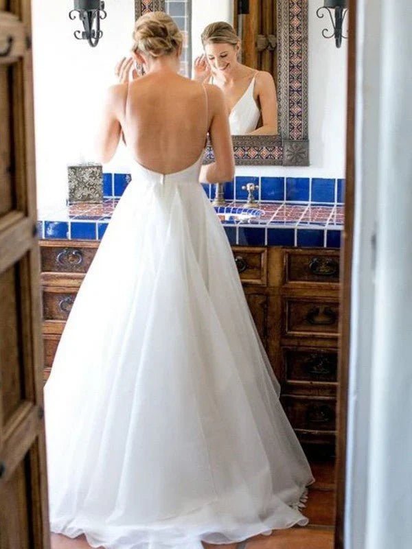 NumberSea - A Line V Neck Tulle With Ruffles Sweep Train Wedding Dresses