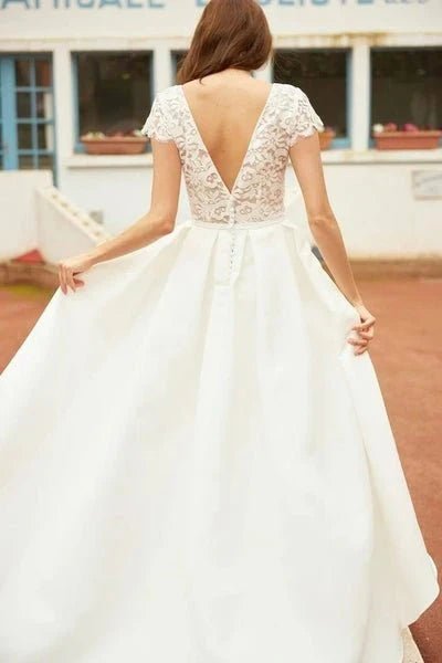 NumberSea - A Line V Neck Vintage High Low Capped Sleeves Lace Wedding Dresses