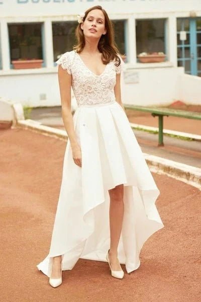 NumberSea - A Line V Neck Vintage High Low Capped Sleeves Lace Wedding Dresses