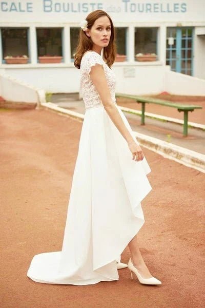 NumberSea - A Line V Neck Vintage High Low Capped Sleeves Lace Wedding Dresses