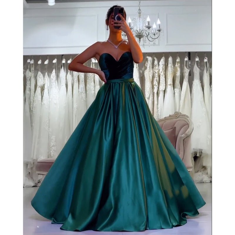 NumberSea - A - line Velvet Strapless Green Satin Long Prom Dress Evening Gowns