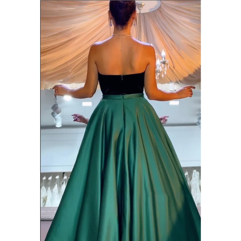 NumberSea - A - line Velvet Strapless Green Satin Long Prom Dress Evening Gowns