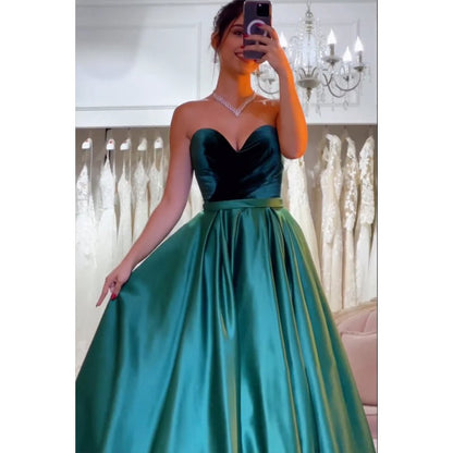 NumberSea - A - line Velvet Strapless Green Satin Long Prom Dress Evening Gowns