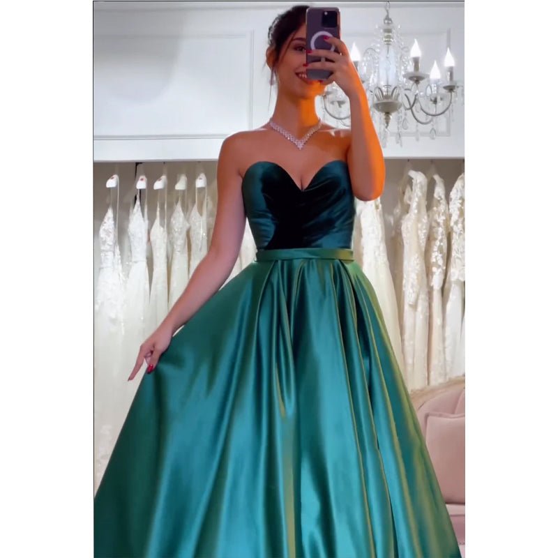 NumberSea - A - line Velvet Strapless Green Satin Long Prom Dress Evening Gowns