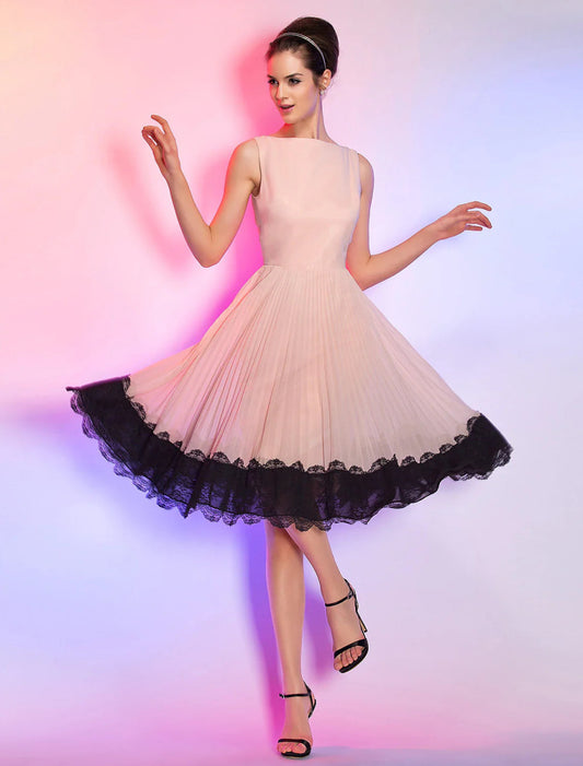 NumberSea - A - Line Vintage Dress Homecoming Graduation Knee Length Sleeveless Boat Neck Pink Dress Chiffon with Lace Insert