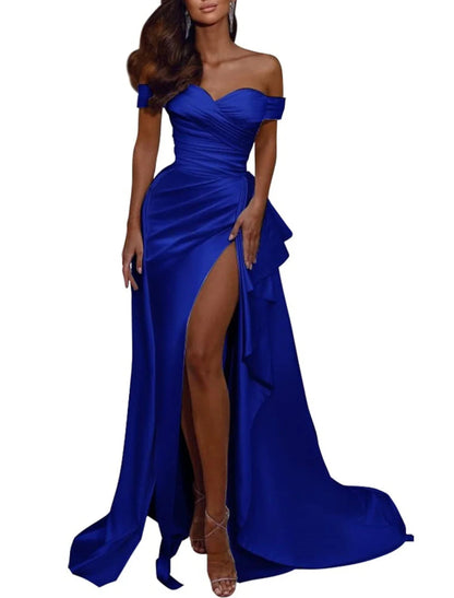 NumberSea - A - Line Wedding Dress Celebrity Style Sexy Formal Evening Dress Off Shoulder Short Sleeve Sweep / Brush Train Italy Satin with Pleats Slit