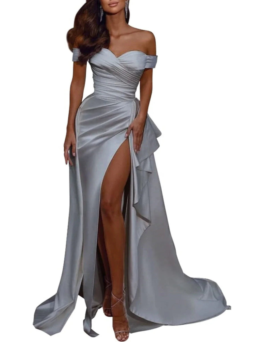 NumberSea - A - Line Wedding Dress Celebrity Style Sexy Formal Evening Dress Off Shoulder Short Sleeve Sweep / Brush Train Italy Satin with Pleats Slit