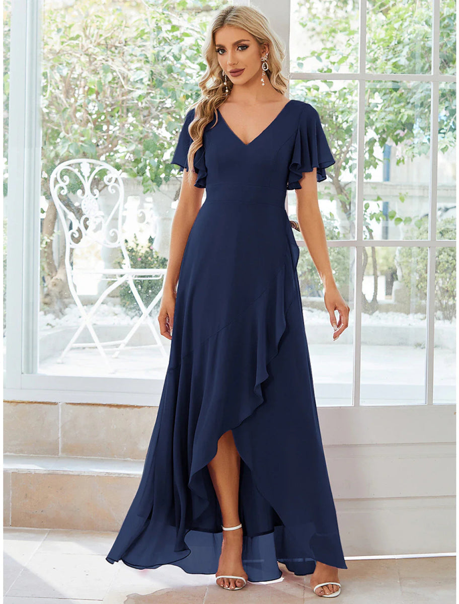 NumberSea - A - Line Wedding Guest Dresses Casual Dress Party Wear Asymmetrical Short Sleeve V Neck Chiffon with Ruffles Pure Color