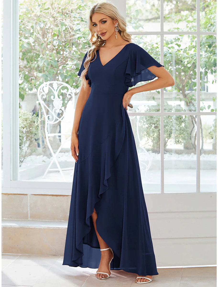 NumberSea - A - Line Wedding Guest Dresses Casual Dress Party Wear Asymmetrical Short Sleeve V Neck Chiffon with Ruffles Pure Color