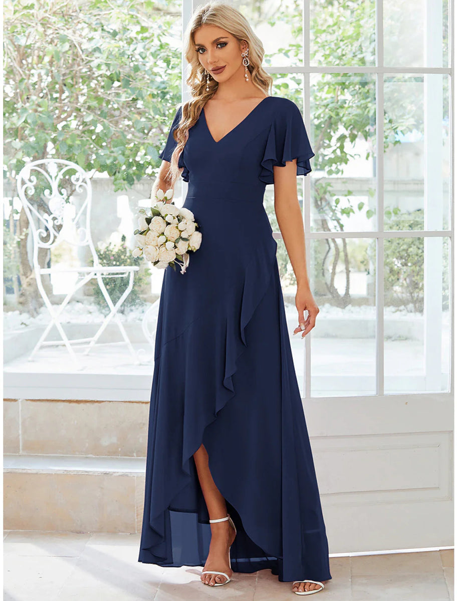 NumberSea - A - Line Wedding Guest Dresses Casual Dress Party Wear Asymmetrical Short Sleeve V Neck Chiffon with Ruffles Pure Color