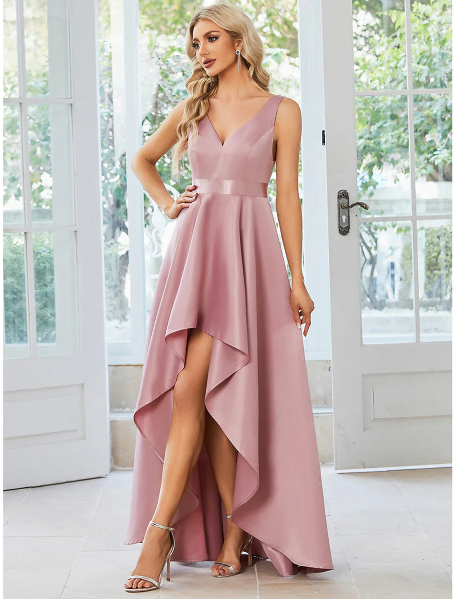 NumberSea - A - Line Wedding Guest Dresses Casual Dress Party Wear Wedding Party Asymmetrical Sleeveless V Neck Satin with Ruffles Pure Color