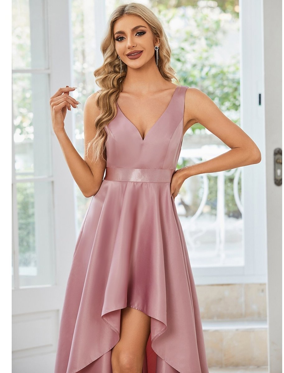 NumberSea - A - Line Wedding Guest Dresses Casual Dress Party Wear Wedding Party Asymmetrical Sleeveless V Neck Satin with Ruffles Pure Color