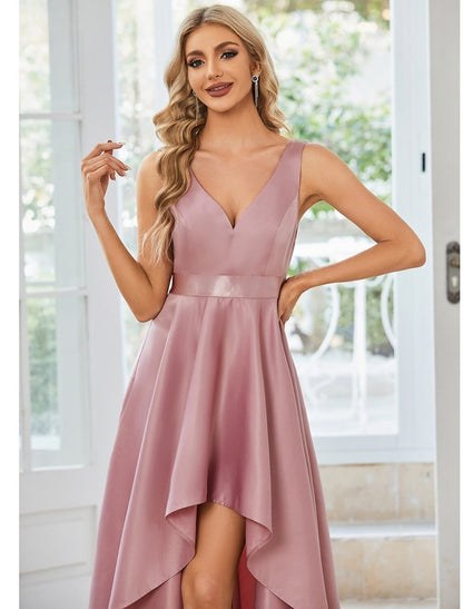 NumberSea - A - Line Wedding Guest Dresses Casual Dress Party Wear Wedding Party Asymmetrical Sleeveless V Neck Satin with Ruffles Pure Color