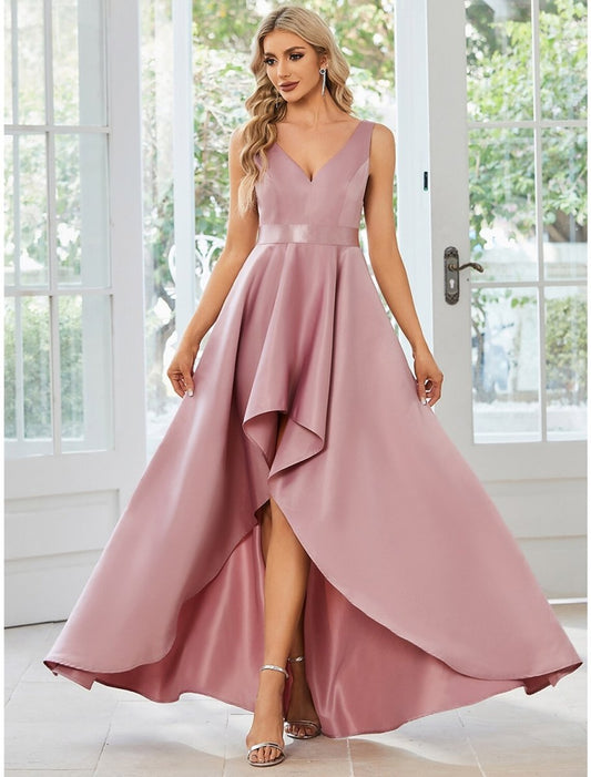 NumberSea - A - Line Wedding Guest Dresses Casual Dress Party Wear Wedding Party Asymmetrical Sleeveless V Neck Satin with Ruffles Pure Color