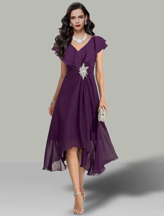 NumberSea - A - Line Wedding Guest Dresses Elegant Dress Cocktail Party Tea Length Short Sleeve V Neck Chiffon with Rhinestone