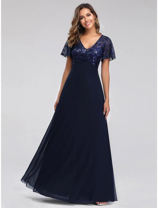 NumberSea - A - Line Wedding Guest Dresses Elegant Dress Fall Floor Length Short Sleeve V Neck Bridesmaid Dress Tulle with Sequin Appliques