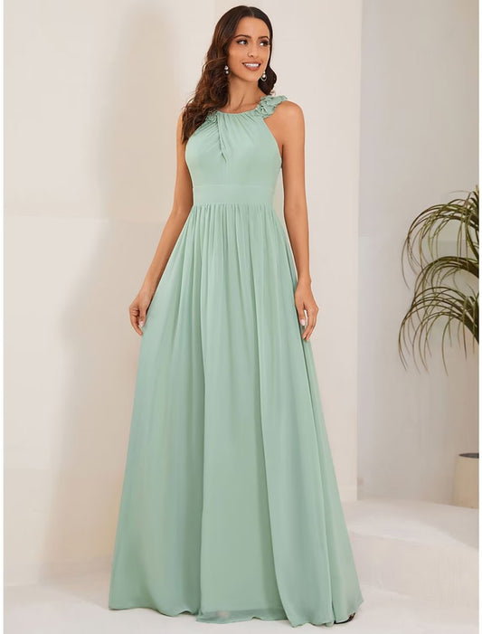 NumberSea - A - Line Wedding Guest Dresses Elegant Dress Formal Floor Length Sleeveless Jewel Neck Chiffon with Pleats Shouder Flower