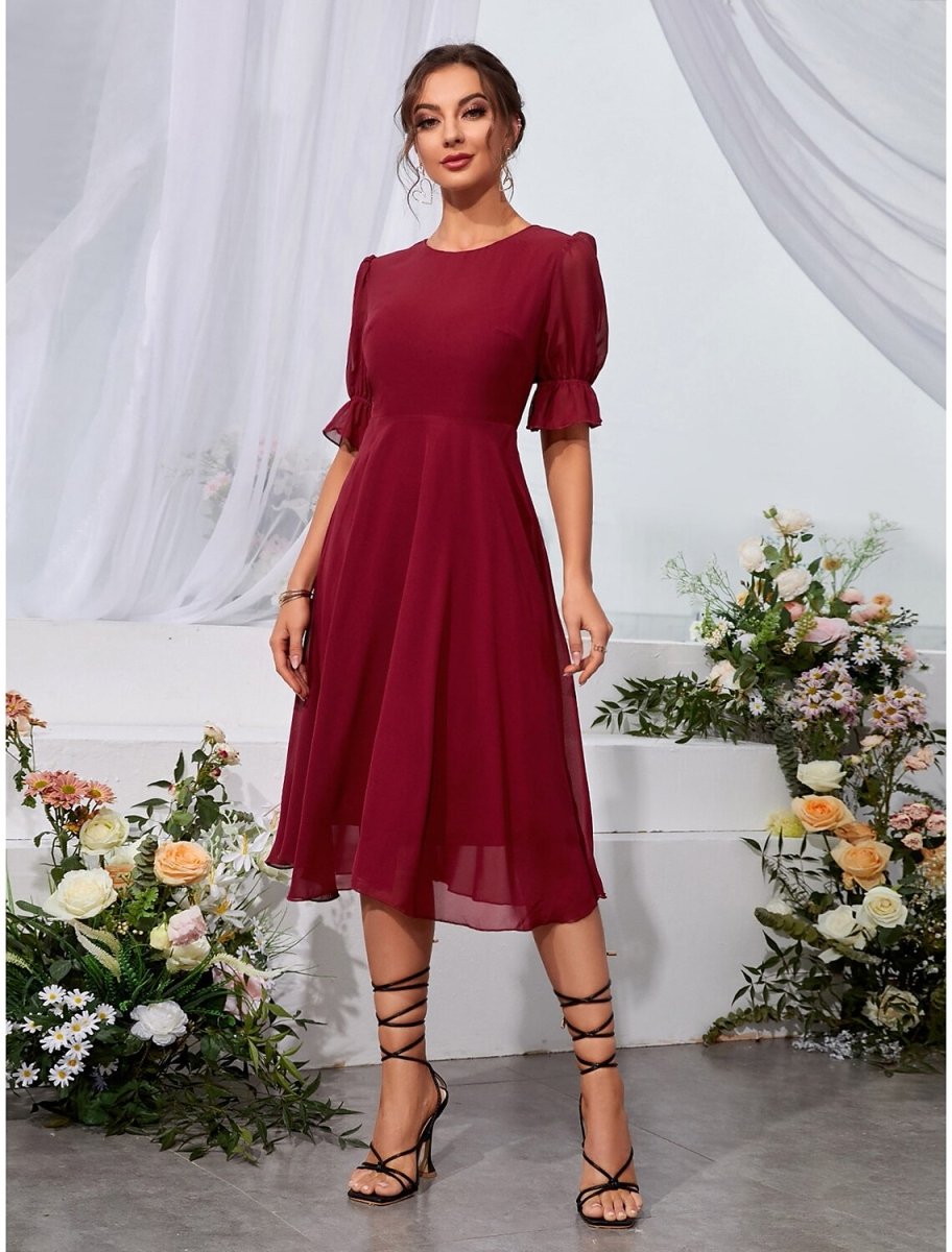 NumberSea - A - Line Wedding Guest Dresses Elegant Dress Holiday Graduation Tea Length Half Sleeve Jewel Neck Chiffon with Fringe