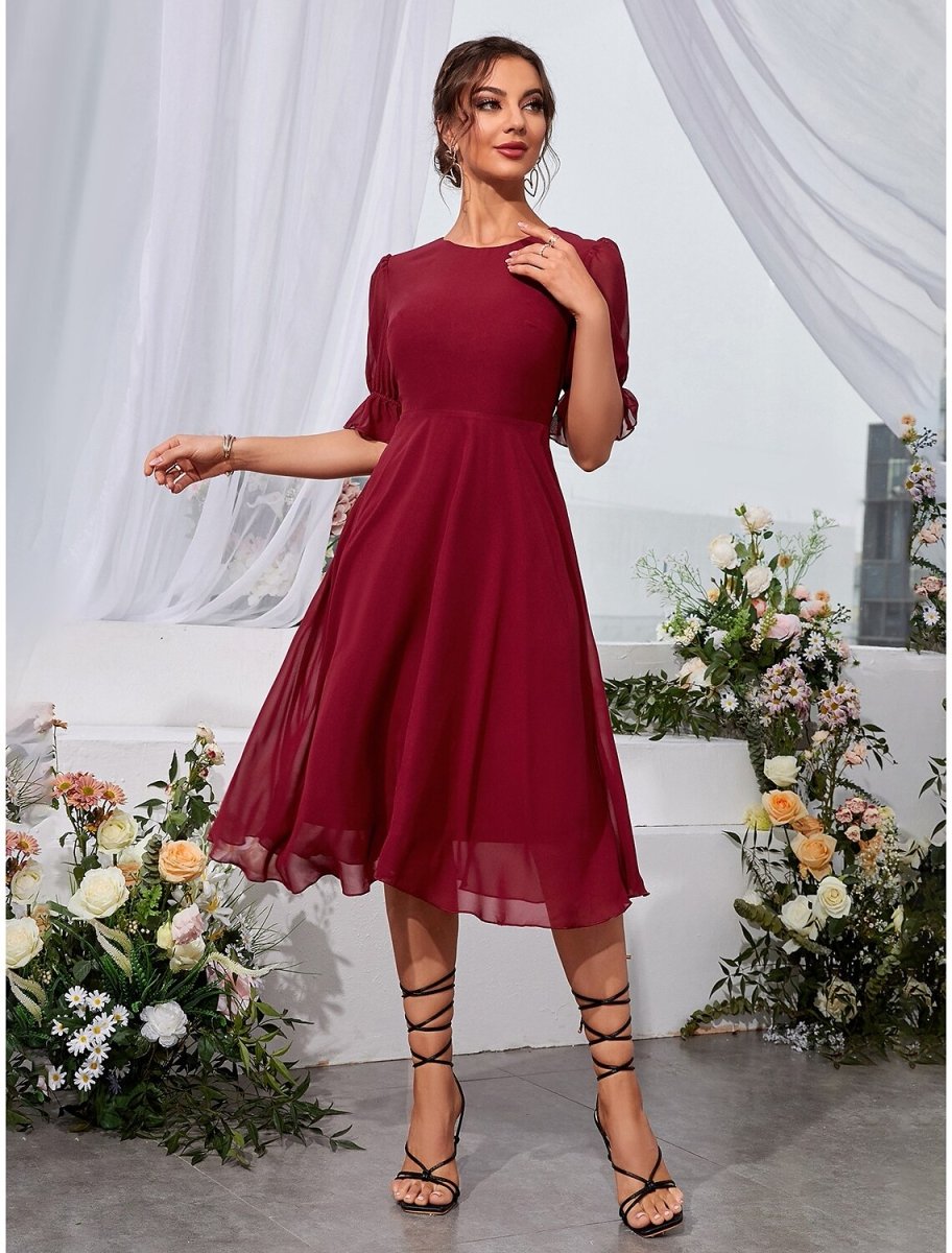 NumberSea - A - Line Wedding Guest Dresses Elegant Dress Holiday Graduation Tea Length Half Sleeve Jewel Neck Chiffon with Fringe