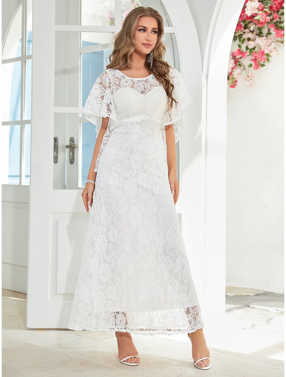 NumberSea - A - Line Wedding Guest Dresses Elegant Dress Party Wear Ankle Length Half Sleeve Jewel Neck Lace with Ruffles Appliques