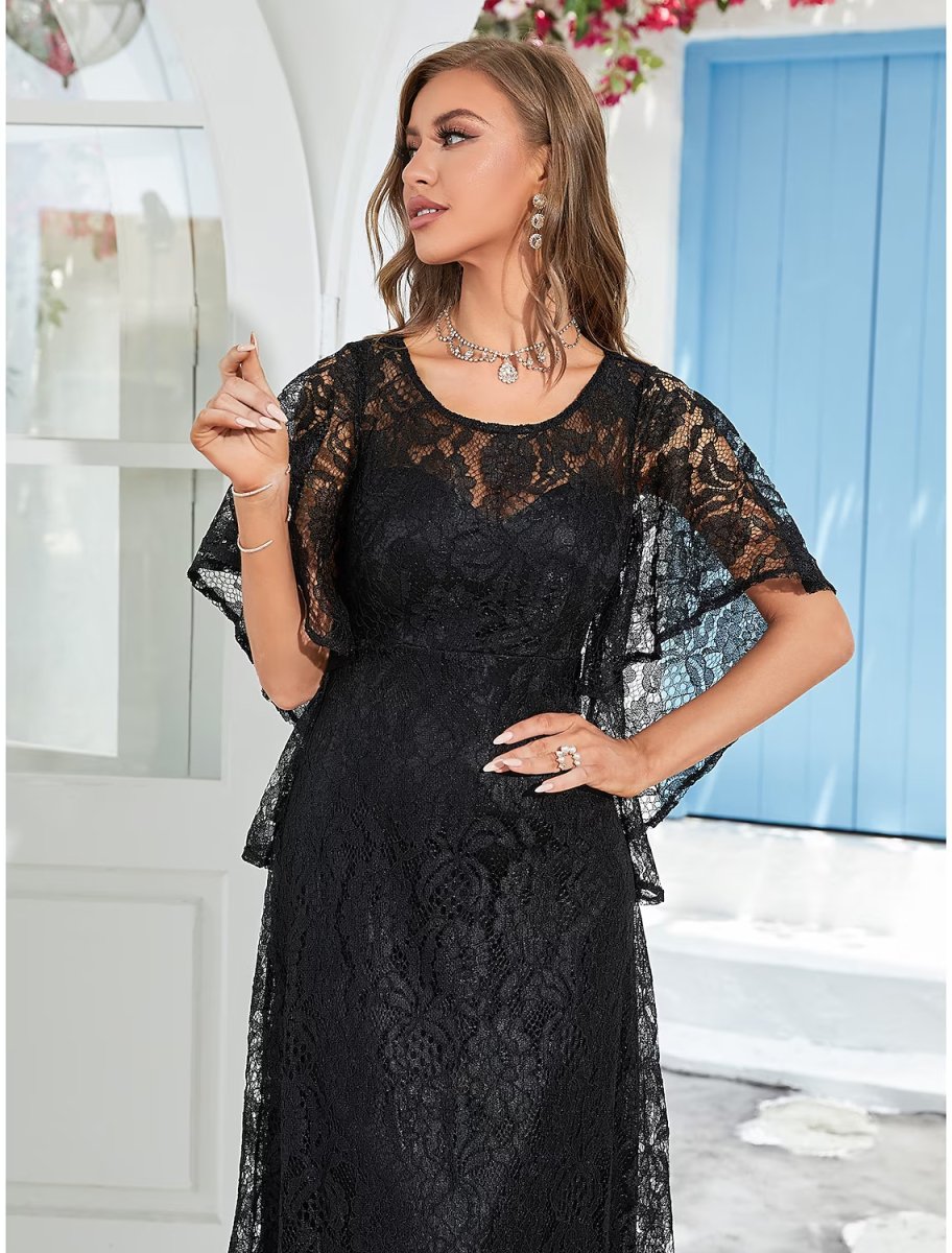 NumberSea - A - Line Wedding Guest Dresses Elegant Dress Party Wear Ankle Length Half Sleeve Jewel Neck Lace with Ruffles Appliques