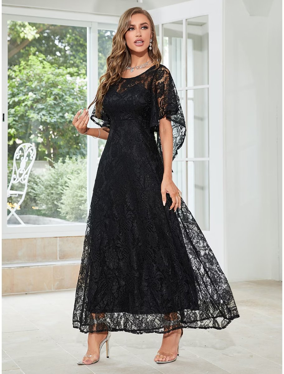 NumberSea - A - Line Wedding Guest Dresses Elegant Dress Party Wear Ankle Length Half Sleeve Jewel Neck Lace with Ruffles Appliques