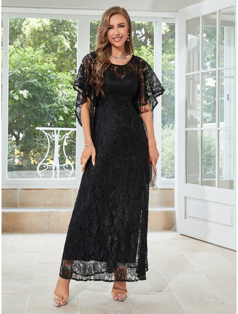 NumberSea - A - Line Wedding Guest Dresses Elegant Dress Party Wear Ankle Length Half Sleeve Jewel Neck Lace with Ruffles Appliques