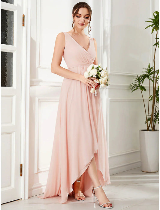 NumberSea - A - Line Wedding Guest Dresses Elegant Dress Party Wear Asymmetrical Sleeveless Spaghetti Strap Chiffon with Ruffles Slit