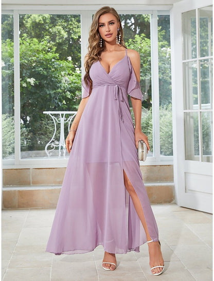 NumberSea - A - Line Wedding Guest Dresses Elegant Dress Party Wear Wedding Party Ankle Length Sleeveless V Neck Chiffon with Ruffles Slit Strappy