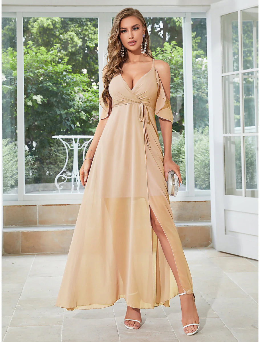 NumberSea - A - Line Wedding Guest Dresses Elegant Dress Party Wear Wedding Party Ankle Length Sleeveless V Neck Chiffon with Ruffles Slit Strappy