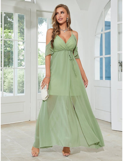 NumberSea - A - Line Wedding Guest Dresses Elegant Dress Party Wear Wedding Party Ankle Length Sleeveless V Neck Chiffon with Ruffles Slit Strappy