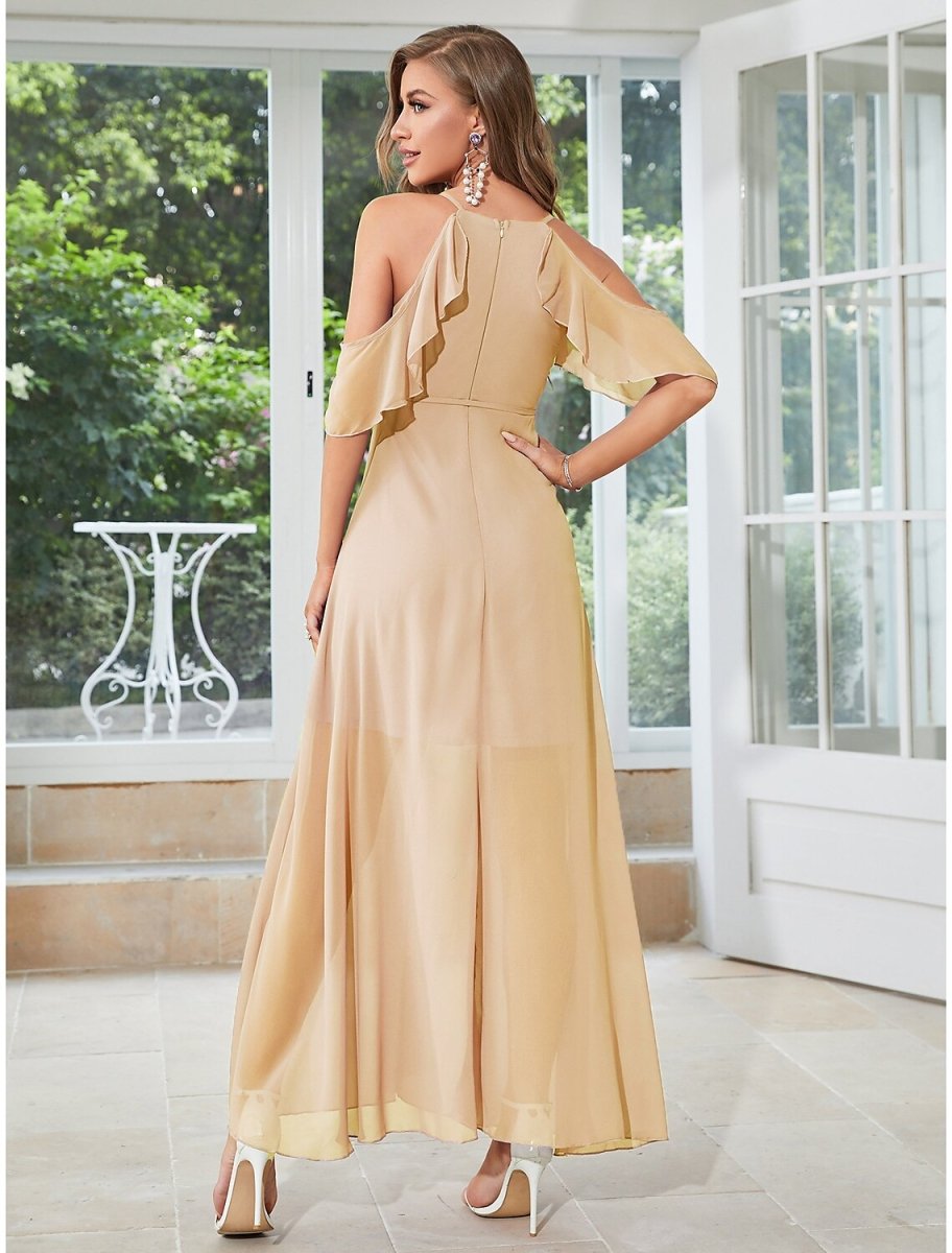 NumberSea - A - Line Wedding Guest Dresses Elegant Dress Party Wear Wedding Party Ankle Length Sleeveless V Neck Chiffon with Ruffles Slit Strappy