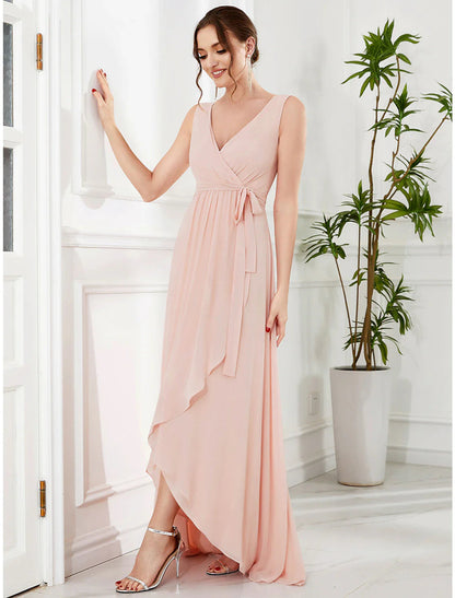 NumberSea - A - Line Wedding Guest Dresses Elegant Dress Party Wear Wedding Party Asymmetrical Sleeveless V Neck Bridesmaid Dress Chiffon with Ruffles Strappy