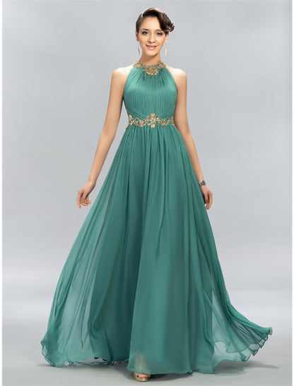 NumberSea - A - Line Wedding Guest Dresses Maxi Dress Party Wear Floor Length Sleeveless Halter Chiffon with Ruched Appliques