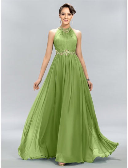 NumberSea - A - Line Wedding Guest Dresses Maxi Dress Party Wear Floor Length Sleeveless Halter Chiffon with Ruched Appliques