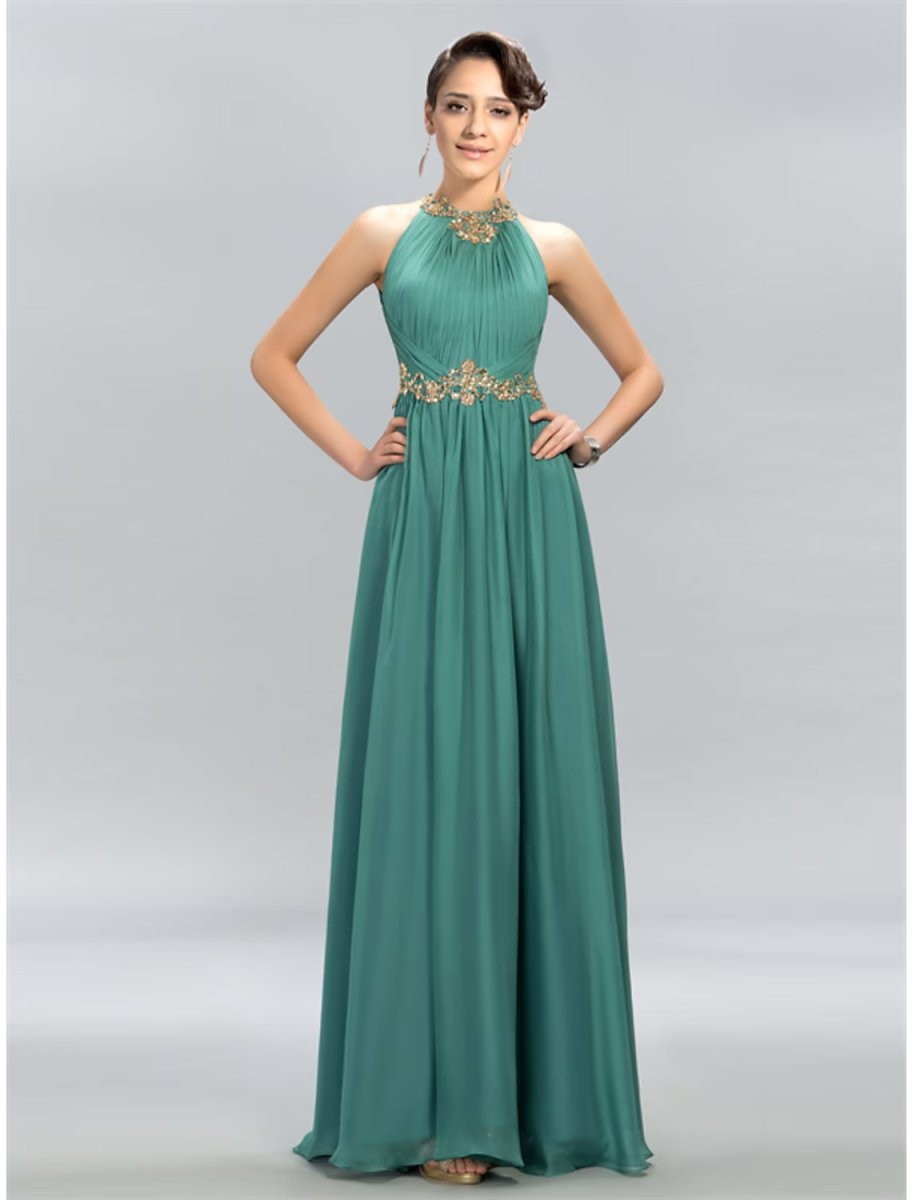 NumberSea - A - Line Wedding Guest Dresses Maxi Dress Party Wear Floor Length Sleeveless Halter Chiffon with Ruched Appliques