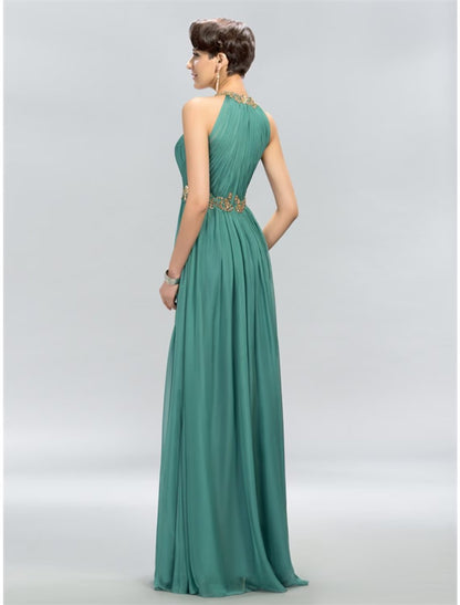 NumberSea - A - Line Wedding Guest Dresses Maxi Dress Party Wear Floor Length Sleeveless Halter Chiffon with Ruched Appliques