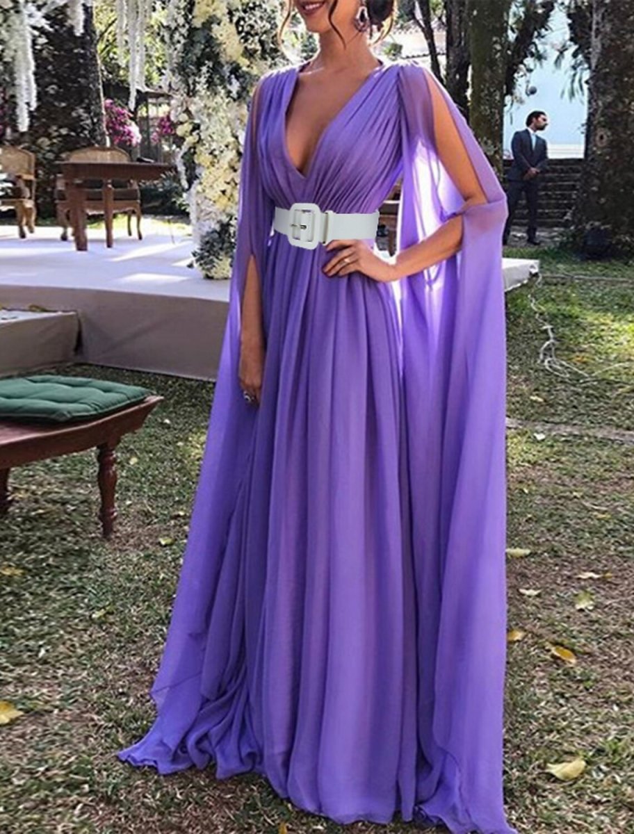 NumberSea - A - Line Wedding Guest Dresses Maxi Dress Wedding Party Dress Black Tie Floor Length Long Sleeve V Neck Fall Wedding Guest Chiffon with Belt