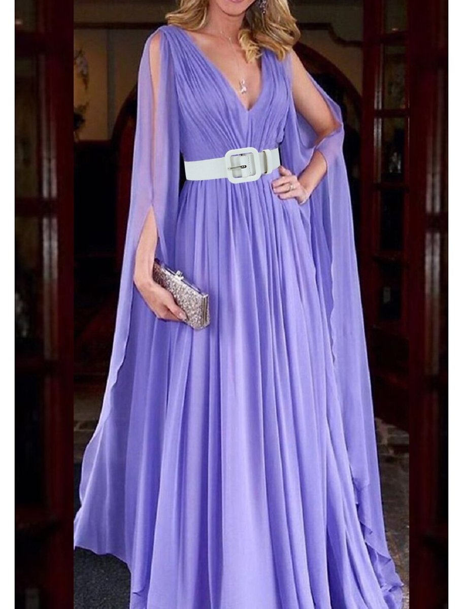 NumberSea - A - Line Wedding Guest Dresses Maxi Dress Wedding Party Dress Black Tie Floor Length Long Sleeve V Neck Fall Wedding Guest Chiffon with Belt