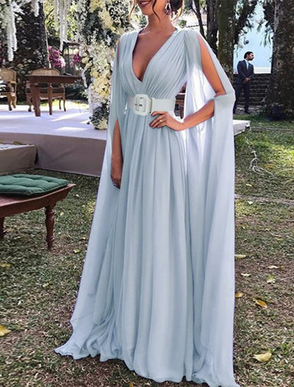 NumberSea - A - Line Wedding Guest Dresses Maxi Dress Wedding Party Dress Black Tie Floor Length Long Sleeve V Neck Fall Wedding Guest Chiffon with Belt