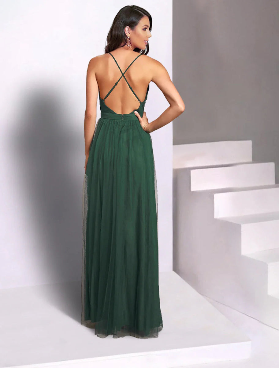 NumberSea - A - Line Wedding Guest Dresses Open Back Dress Party Wear Wedding Party Floor Length Sleeveless Spaghetti Strap Bridesmaid Dress Tulle with Pleats