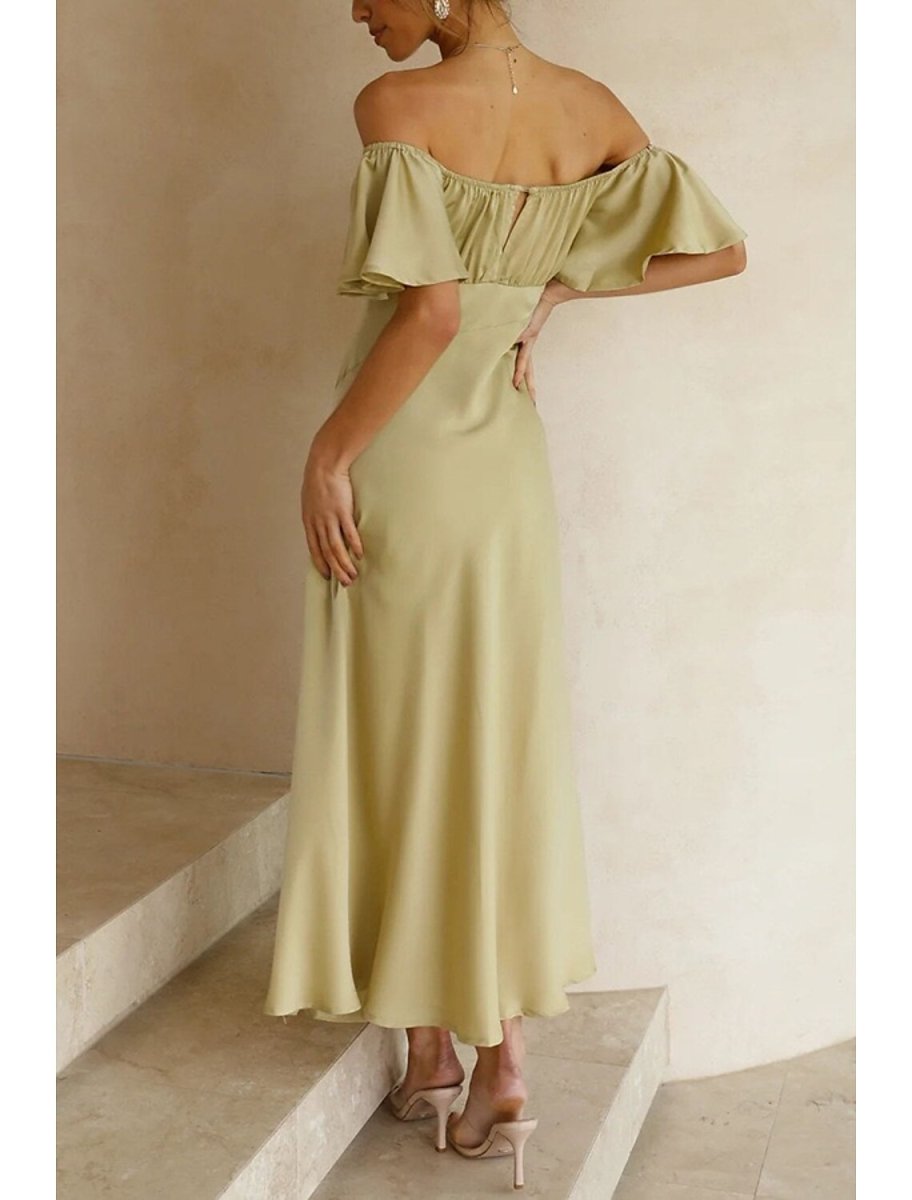 NumberSea - A - Line Wedding Guest Dresses Party Dress Wedding Birthday Ankle Length Short Sleeve Off Shoulder Satin with Ruffles Slit