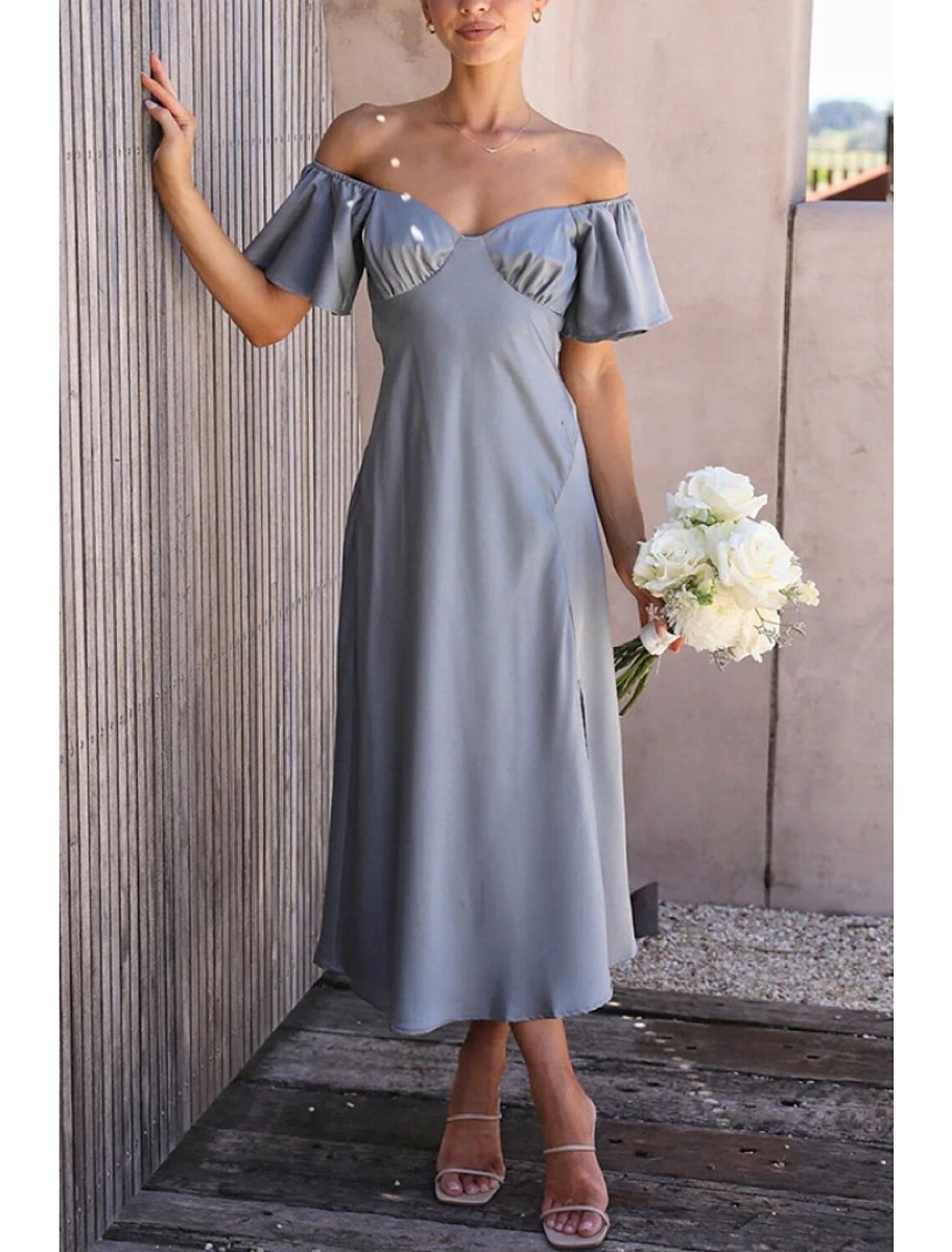 NumberSea - A - Line Wedding Guest Dresses Party Dress Wedding Birthday Ankle Length Short Sleeve Off Shoulder Satin with Ruffles Slit