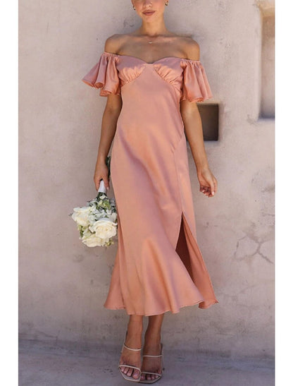 NumberSea - A - Line Wedding Guest Dresses Party Dress Wedding Birthday Ankle Length Short Sleeve Off Shoulder Satin with Ruffles Slit