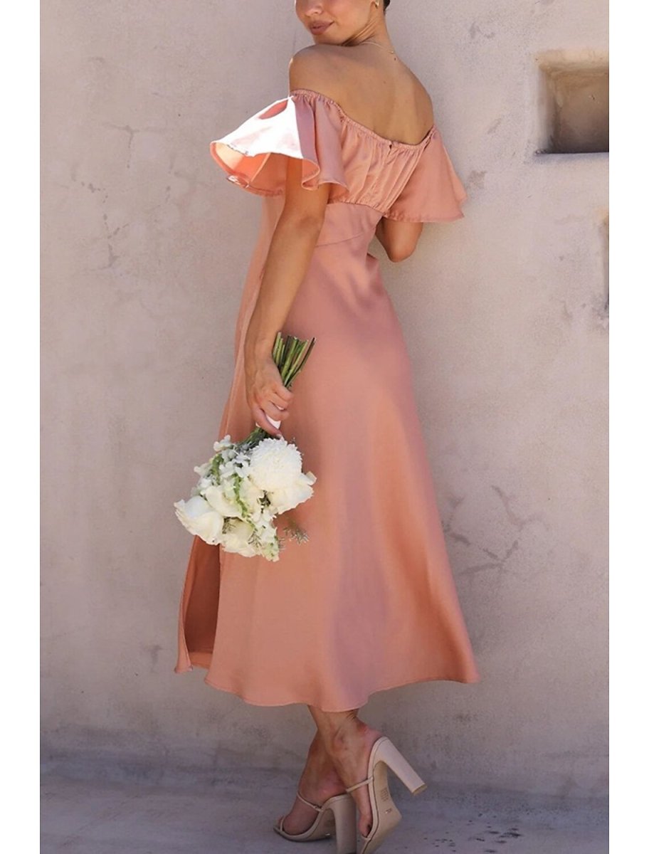 NumberSea - A - Line Wedding Guest Dresses Party Dress Wedding Birthday Ankle Length Short Sleeve Off Shoulder Satin with Ruffles Slit