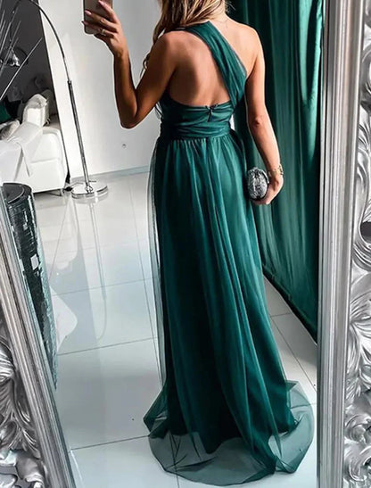 NumberSea - A - Line Wedding Guest Dresses Sexy Dress Wedding Guest Prom Sweep / Brush Train Sleeveless One Shoulder Polyester with Pleats Slit