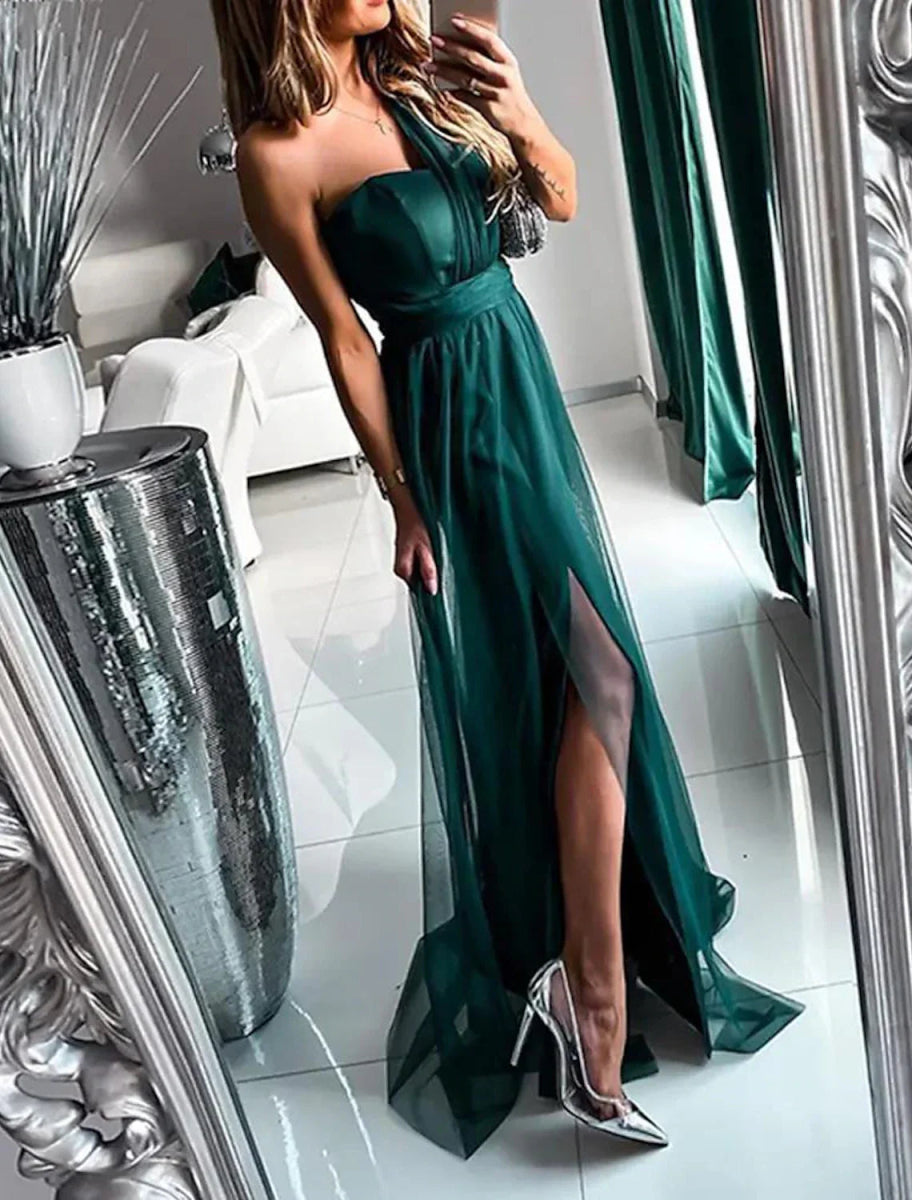 NumberSea - A - Line Wedding Guest Dresses Sexy Dress Wedding Guest Prom Sweep / Brush Train Sleeveless One Shoulder Polyester with Pleats Slit