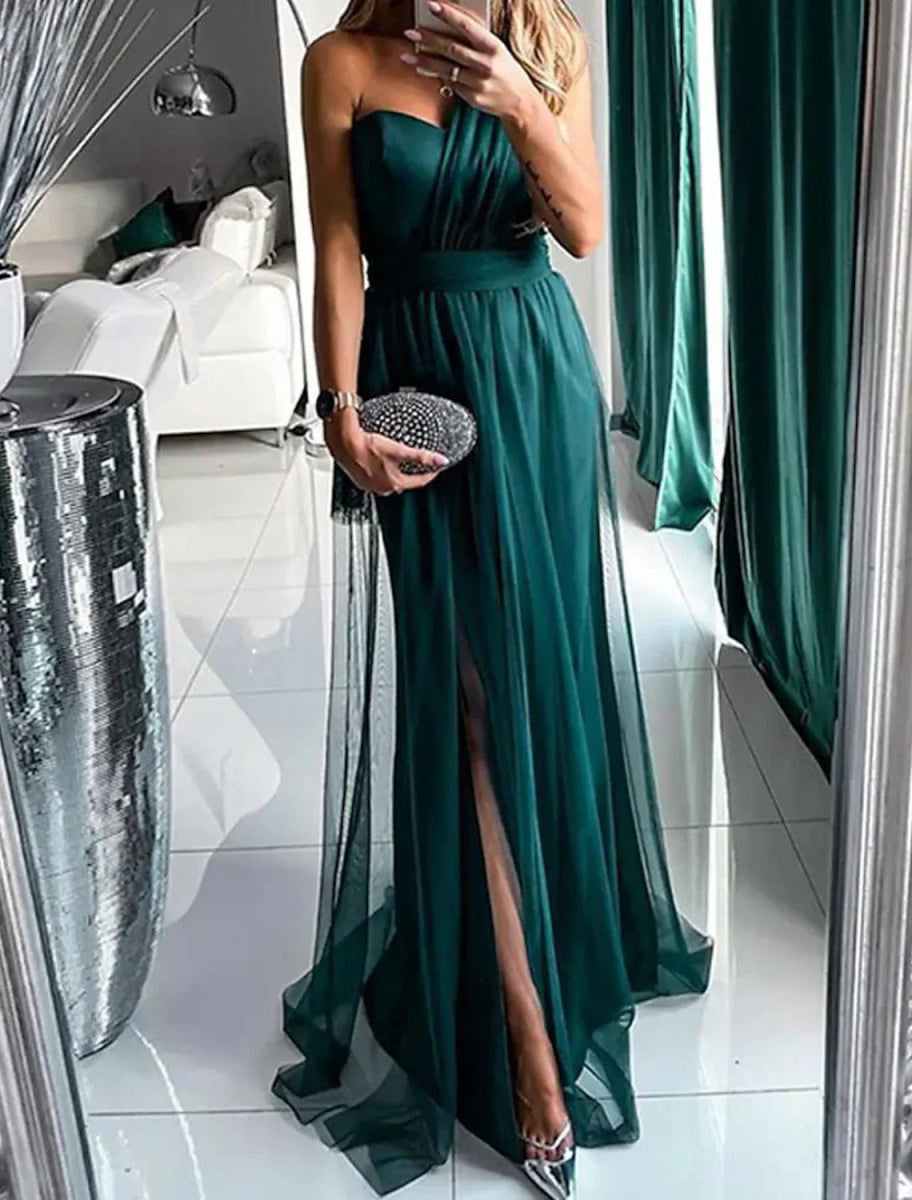 NumberSea - A - Line Wedding Guest Dresses Sexy Dress Wedding Guest Prom Sweep / Brush Train Sleeveless One Shoulder Polyester with Pleats Slit