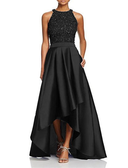 NumberSea - A - Line Wedding Guest Dresses Sparkle Black Dress Party Wear Semi Formal Asymmetrical Sleeveless Jewel Neck Fall Wedding Guest Satin with Beading Sequin